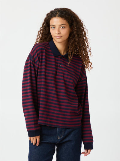 Sara Wide Stripe Polo Blouse Navy